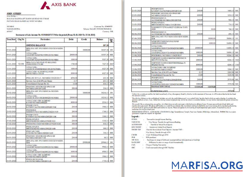 Blank India Axis bank statement word version 2 template